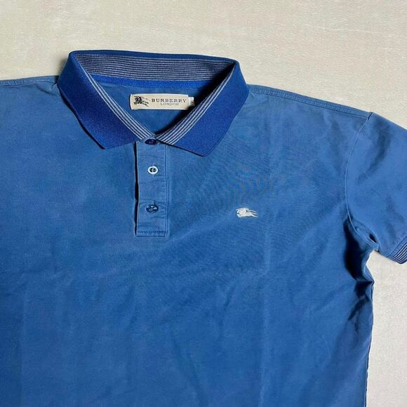 VTG Burberry London Sport Polo Men's M Fit Blue Smooth Stretch Cotton Lycra Luxe - Picture 2 of 9